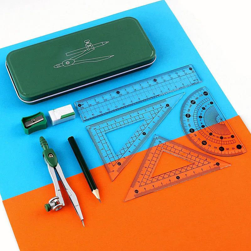 High-End Fashion Blue Pink Iron Box Compasses Ruler Set, Standard Student Exam Compasses Ruler Math Set,