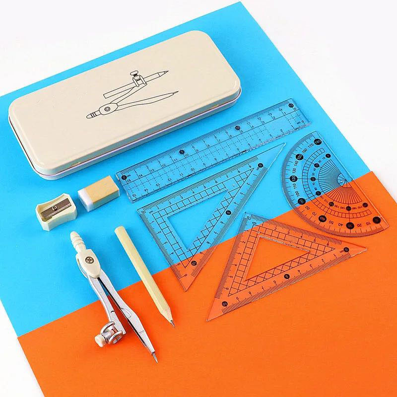 High-End Fashion Blue Pink Iron Box Compasses Ruler Set, Standard Student Exam Compasses Ruler Math Set,