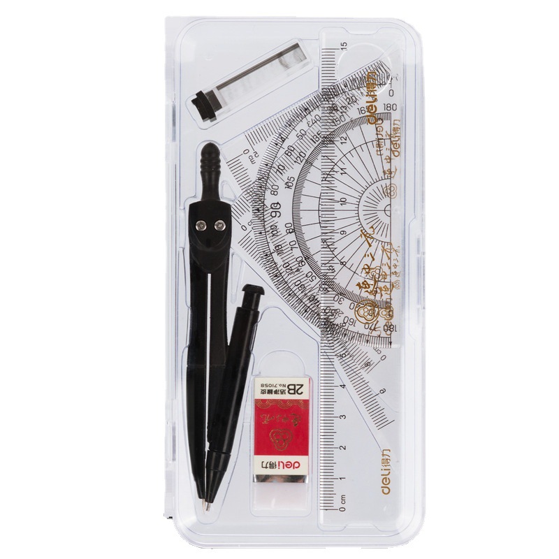 Deli 72155 Continuous Middle Three Yuan Ruler Sets Compasses Examination Set Student Drawing Tool Ruler 7-Piece Set