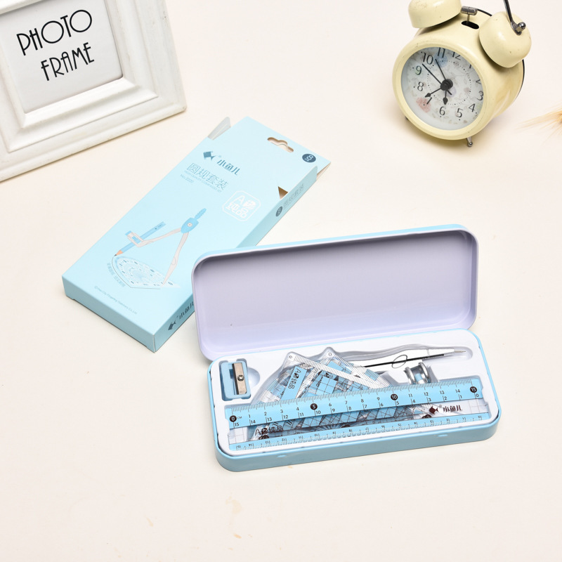 Small Fish Spot Compasses Set Fashion Iron Box Ruler Sets Eight-Piece Set Student School Supplies Drawing Ruler Customization