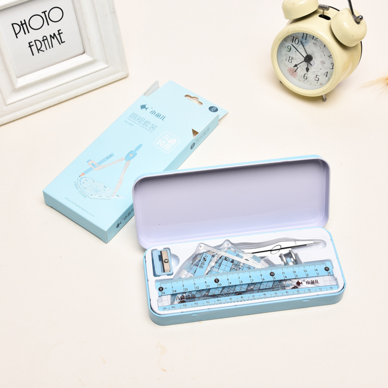 Small Fish Spot Compasses Set Fashion Iron Box Ruler Sets Eight-Piece Set Student School Supplies Drawing Ruler Customization