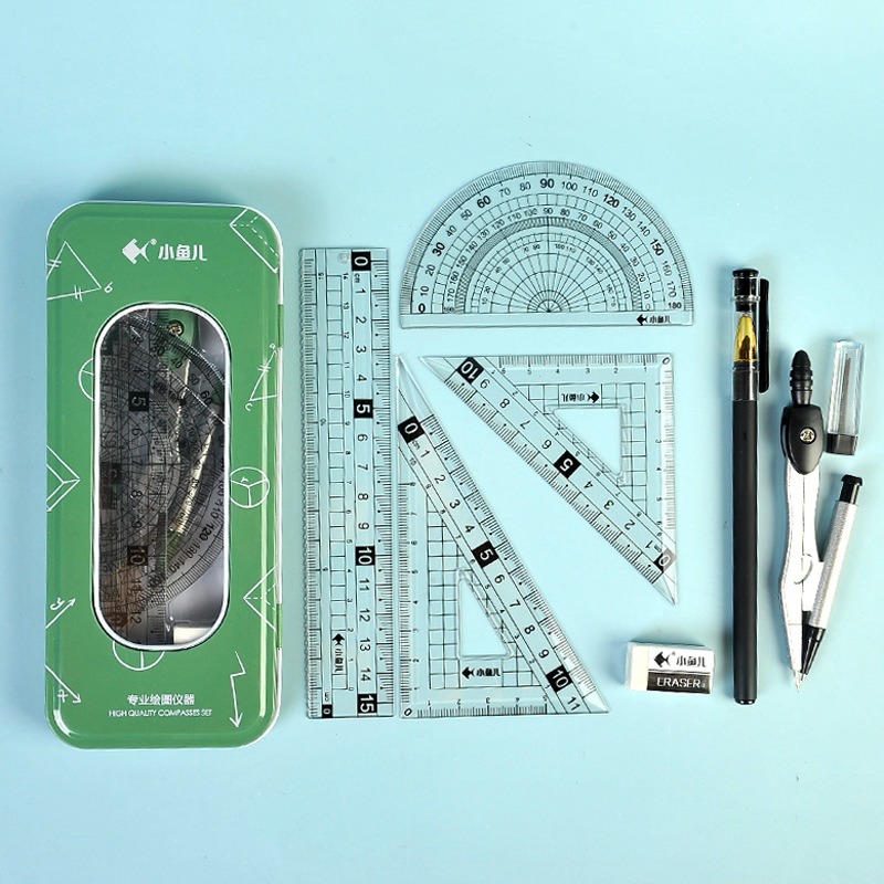 Xiaoyuer Spot Creative Compasses Set Triangular Plate Ruler Student Stationery Drawing Metal Ruler Ruler Sets