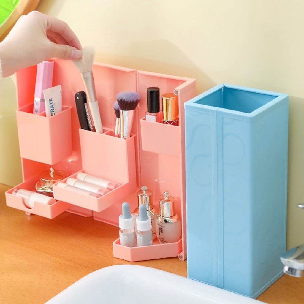 Desktop Three-Dimensional Foldable Student Stationery Storage Box Office Pencil Case Multi-Layer Grid Dustproof Cosmetic Shelf Desktop Three-Dimensional Foldable Student Stationery Storage Box Office Pencil Case Multi-Layer Grid Dustproof Cosmetic Shelf