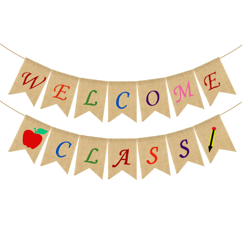 European and American Back-to-School Season Classroom Decoration Supplies Apple Pencil Hanging Flag Welcome Class Linen Swallowtail Flag