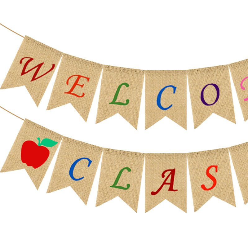 European and American Back-to-School Season Classroom Decoration Supplies Apple Pencil Hanging Flag Welcome Class Linen Swallowtail Flag