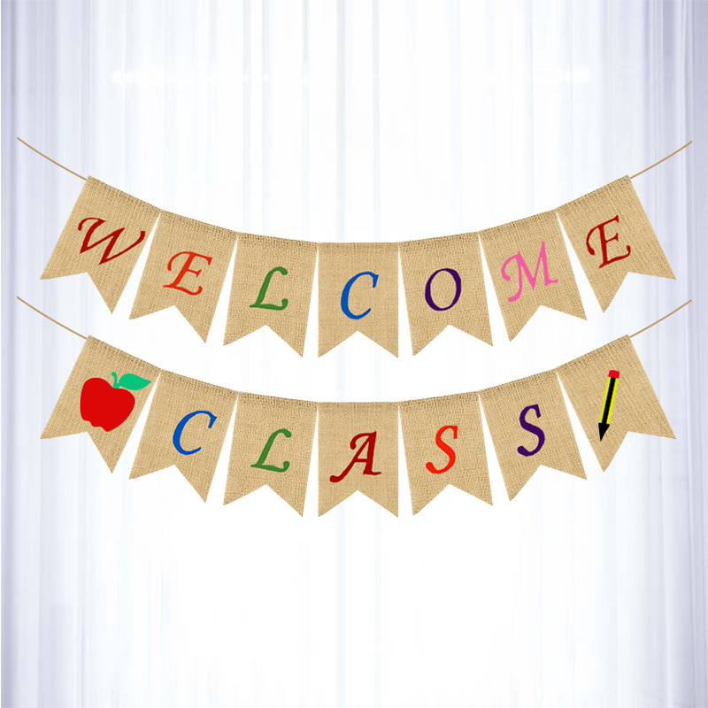 European and American Back-to-School Season Classroom Decoration Supplies Apple Pencil Hanging Flag Welcome Class Linen Swallowtail Flag