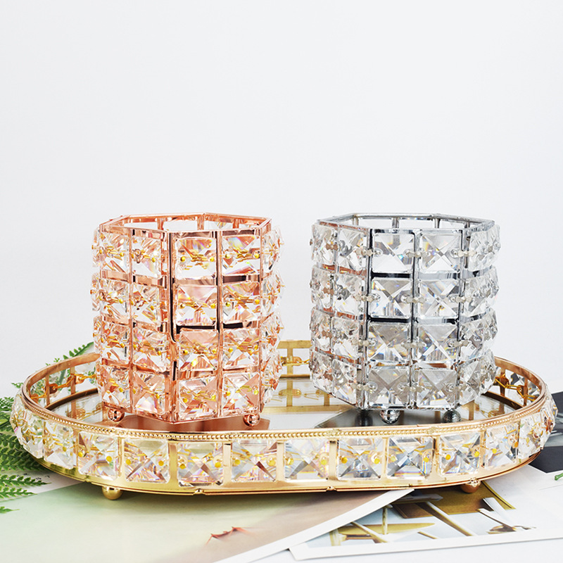 European Crystal Pen Holder Makeup Brush Storage Tube Desktop Dresser Nail Salon Beauty Eyebrow Pencil Brush Bucket