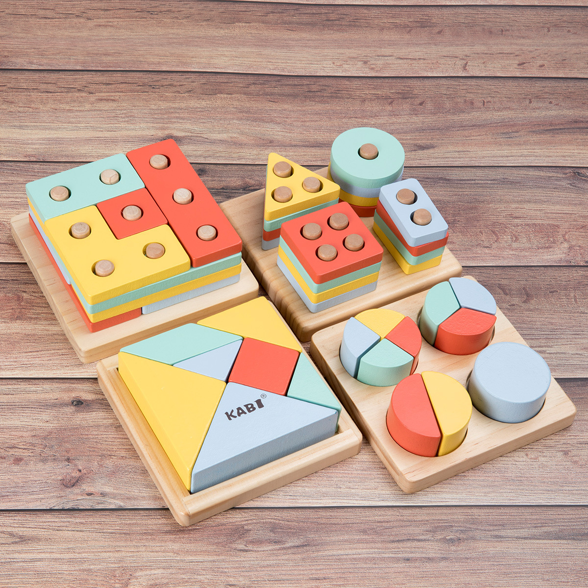 Kabi New Montessori Wooden Building Blocks Puzzle Four-Piece Children&#039;s Early Education Geometric Teaching Aids Shape Matching Board