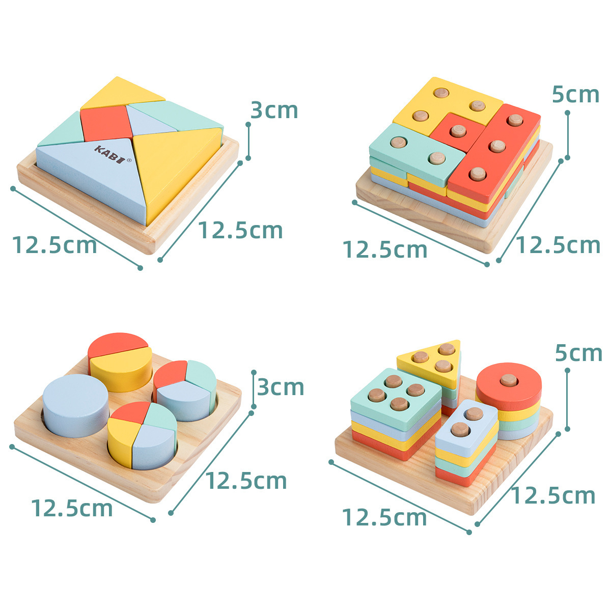 Kabi New Montessori Wooden Building Blocks Puzzle Four-Piece Children&#039;s Early Education Geometric Teaching Aids Shape Matching Board
