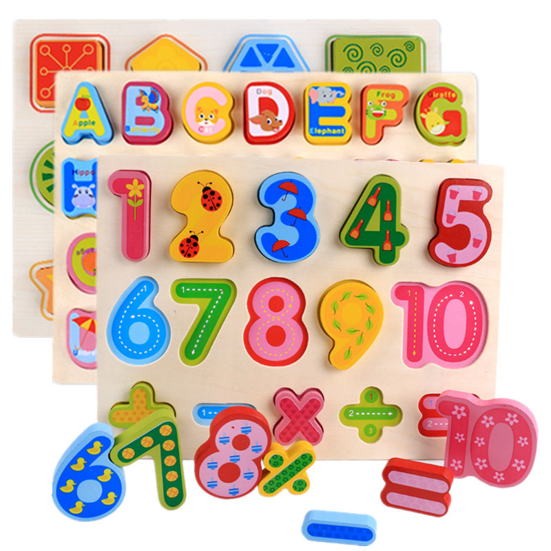 Wooden Hand Holding Puzzle Board Early Education Enlightenment Kindergarten Teaching Aids Children &#039;S Letters And Numbers Shape Puzzle Cognitive Toys