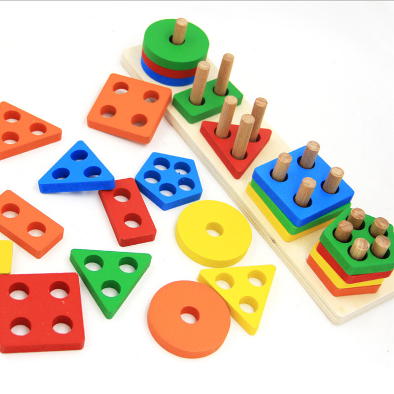 Early Childhood Education Five Sets of Column Baby Geometric Intelligence Board Shape Matching Building Blocks Toy Teaching Aids Children Enlightenment