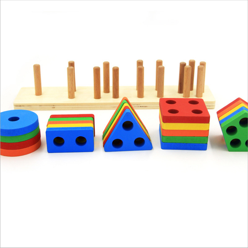Early Childhood Education Five Sets of Column Baby Geometric Intelligence Board Shape Matching Building Blocks Toy Teaching Aids Children Enlightenment