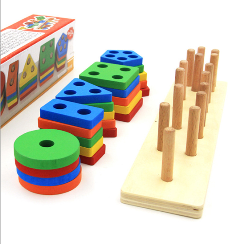 Early Childhood Education Five Sets of Column Baby Geometric Intelligence Board Shape Matching Building Blocks Toy Teaching Aids Children Enlightenment