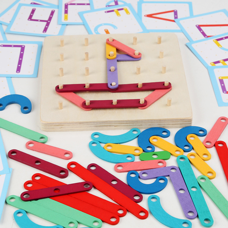 Wooden Nail Board Teaching Aids Cross-Border Montessori Creative Geometry Nail Board Puzzle Kindergarten Early Childhood Educational Toys Wholesale