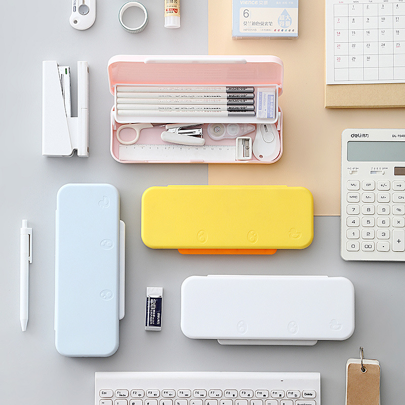 Japanese Style Simple Primary School Student Macaron Large Capacity Lovely Pencil Box Double-Layer Stationery Multi-Functional Children&#039;s Stationery Box