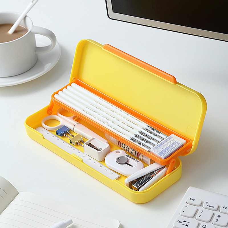 Japanese Style Simple Primary School Student Macaron Large Capacity Lovely Pencil Box Double-Layer Stationery Multi-Functional Children&#039;s Stationery Box