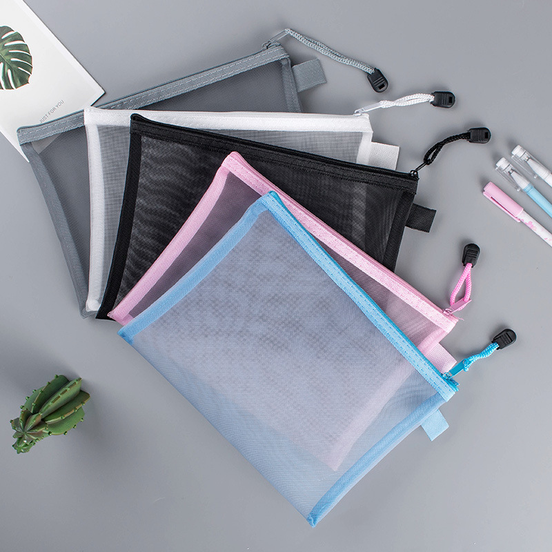 A4 Transparent Nylon Mesh File Bag Zipper Test Paper Information Bag Buggy Bag Office Student Pencil Case Subject Bag