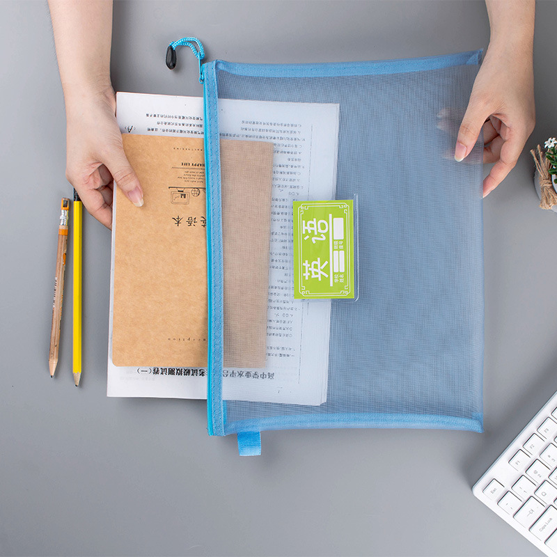 A4 Transparent Nylon Mesh File Bag Zipper Test Paper Information Bag Buggy Bag Office Student Pencil Case Subject Bag