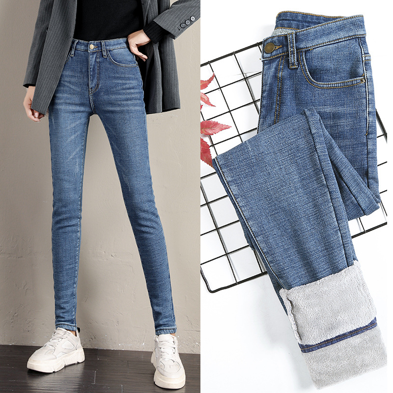 and Winter Jeans Women Fleece Thickened Korean Style New Large Size High Waist Slim Fit Tappered Pencil Pants Black