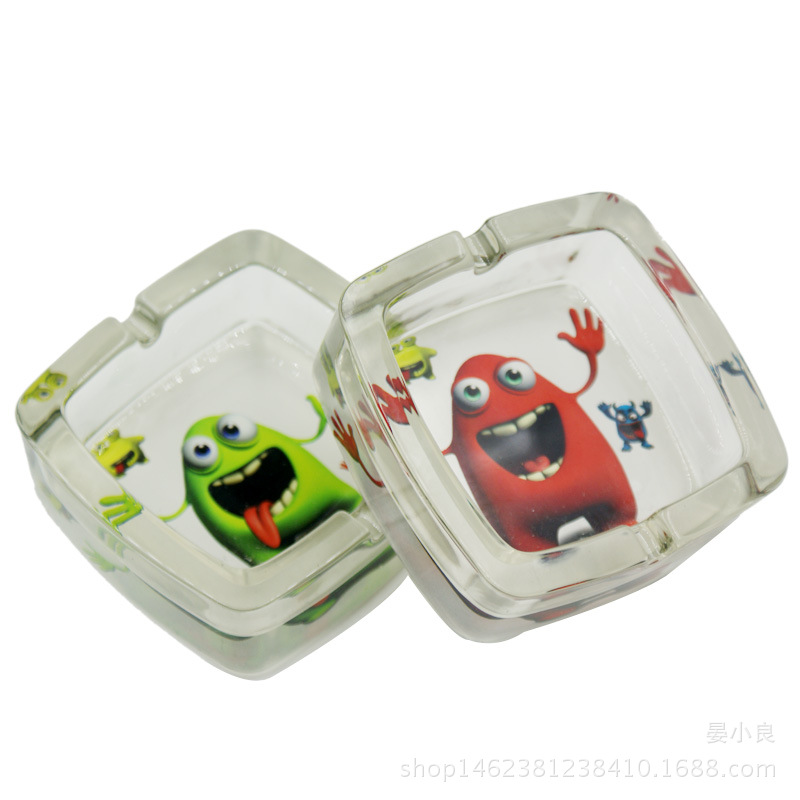 Foreign Trade Supply Glass Ashtray Cartoon Sticker Square Ashtray with Groove Mouth Mixed Picture Spot