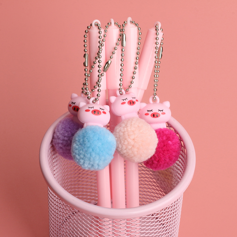 Korean Creative Cartoon Hair Ball Pink Pig Pendant Gel Pen Simple Cute Student Writing Signature Pen Ball Pen
