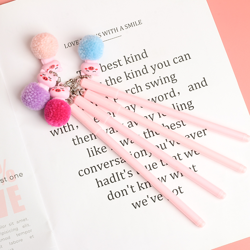 Korean Creative Cartoon Hair Ball Pink Pig Pendant Gel Pen Simple Cute Student Writing Signature Pen Ball Pen