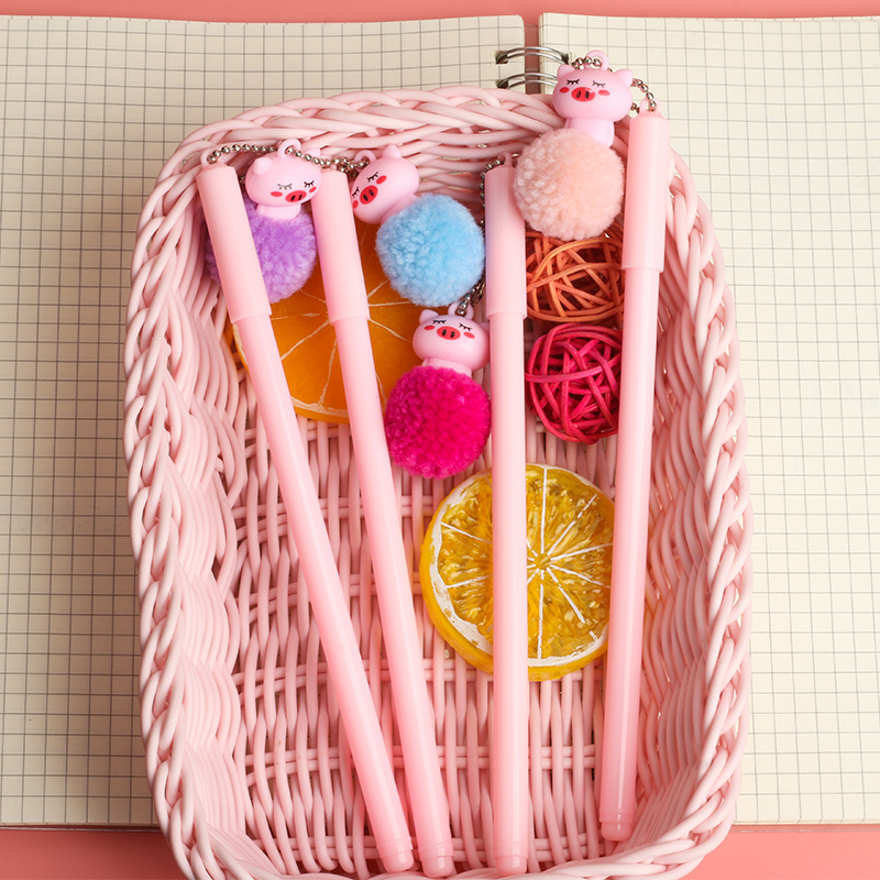 Korean Creative Cartoon Hair Ball Pink Pig Pendant Gel Pen Simple Cute Student Writing Signature Pen Ball Pen