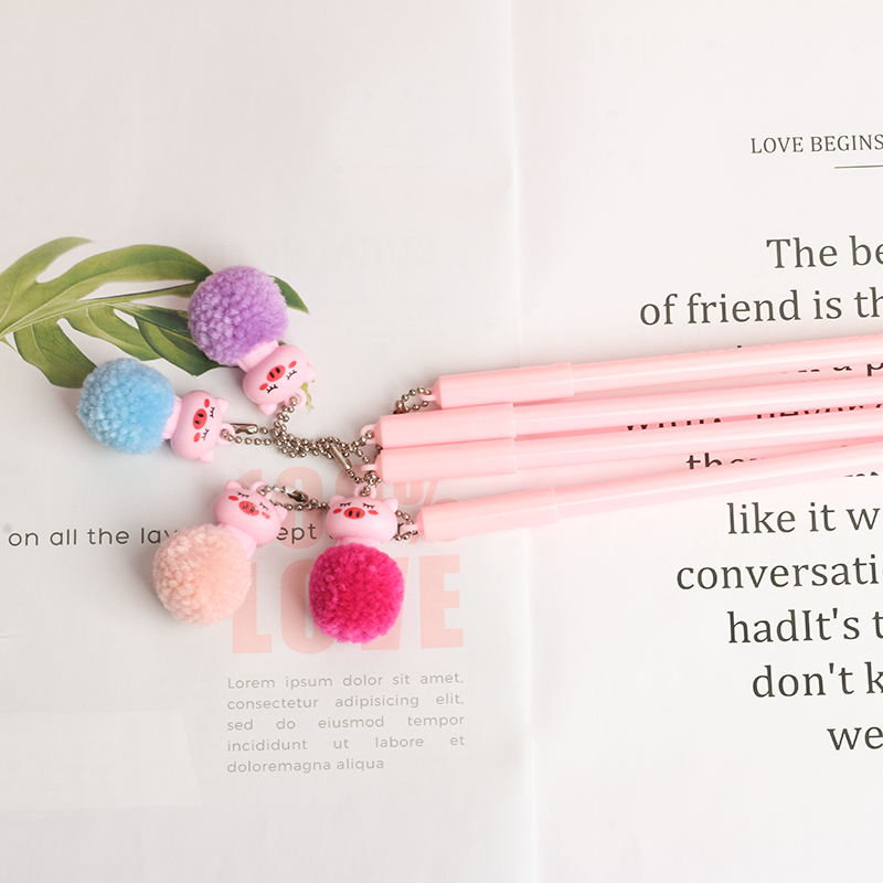 Korean Creative Cartoon Hair Ball Pink Pig Pendant Gel Pen Simple Cute Student Writing Signature Pen Ball Pen