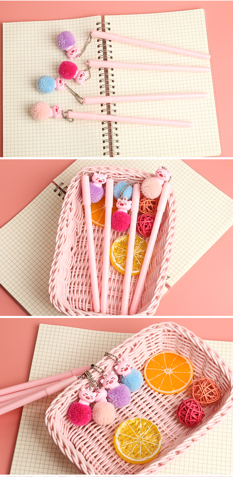 Korean Creative Cartoon Hair Ball Pink Pig Pendant Gel Pen Simple Cute Student Writing Signature Pen Ball Pen