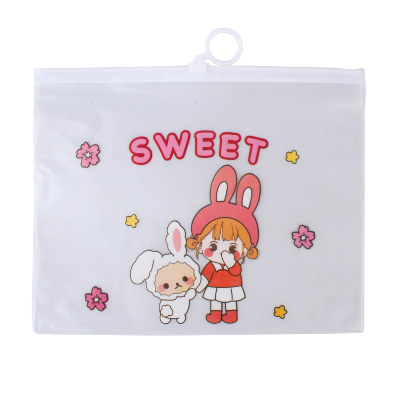 Creative Korean Cartoon White Transparent Document Bag Pull Ring File Bag Information Bag Plastic Test Paper Storage Bag Stationery