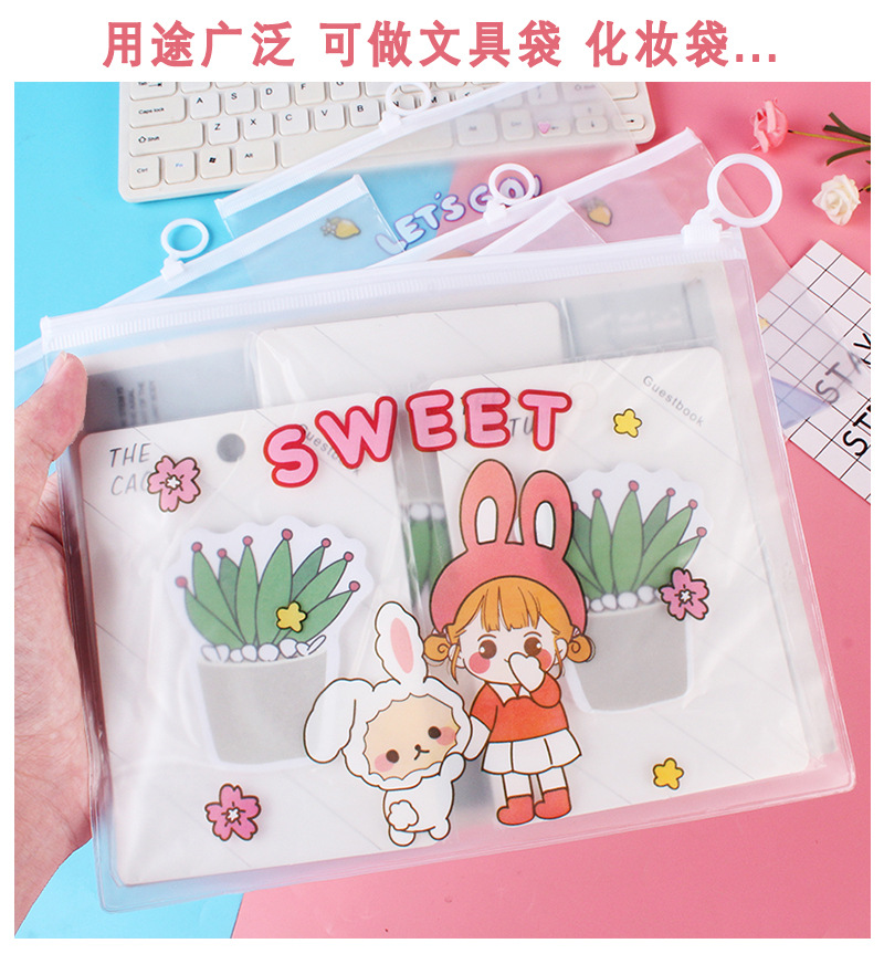 Creative Korean Cartoon White Transparent Document Bag Pull Ring File Bag Information Bag Plastic Test Paper Storage Bag Stationery
