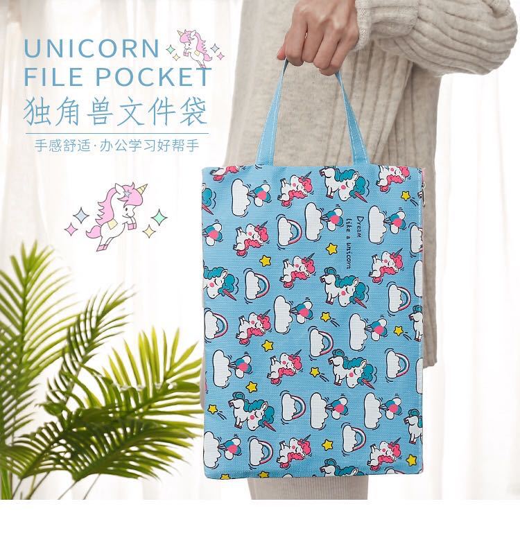 Japanese and Korean Ins Creative Cartoon Canvas Bag Unicorn File Bag A4 Test Paper Storage Bag Waterproof Portable Information Bag