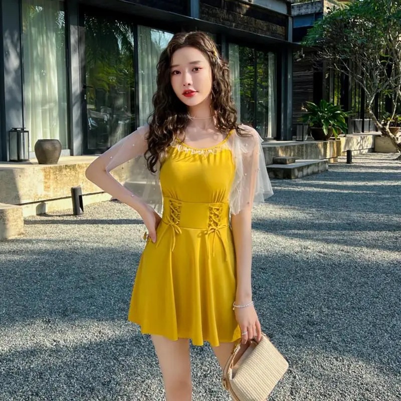 Swimsuit Female Skirt Style Siamese Conservative Thin Korean Ins Fairy Style Student Small Chest Push up Pure Desire Hot Spring Swimsuit