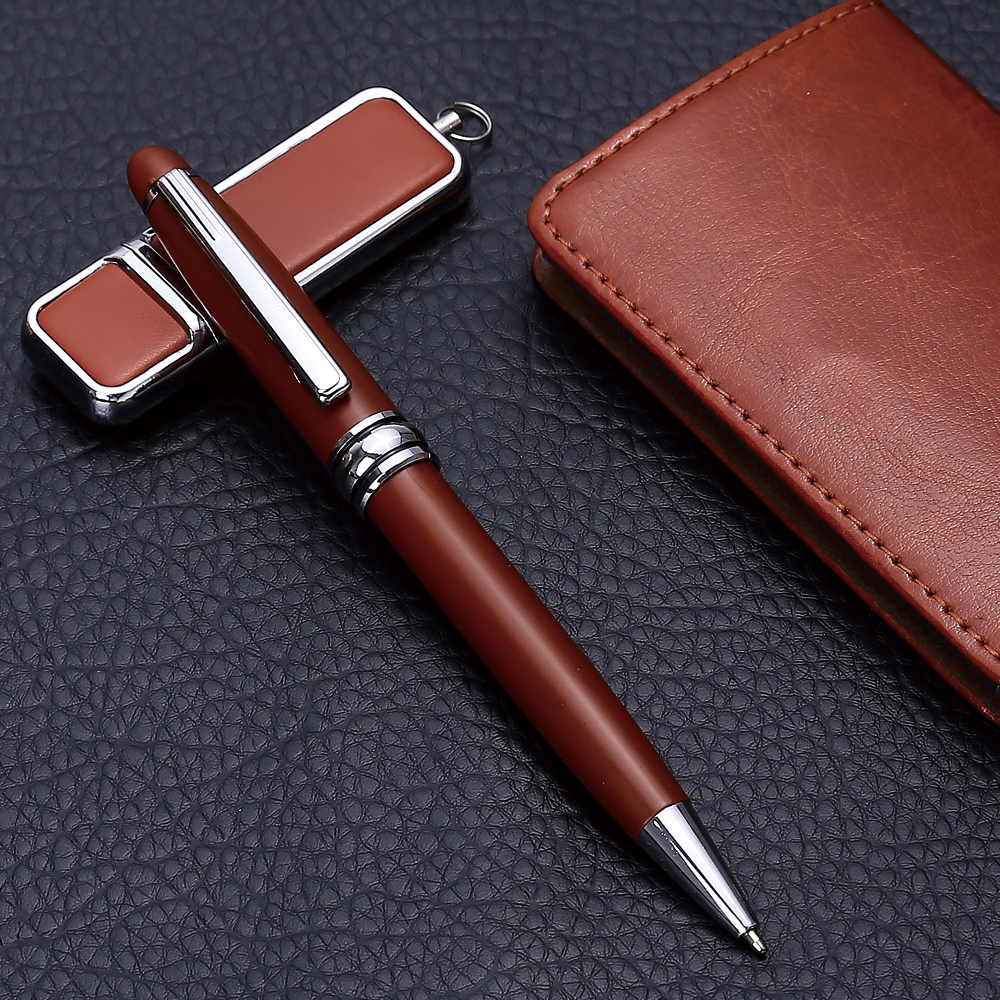 Brown PU Notebook Set Creative Card Case Gift Metal Ball Point Pen Business U Disk Gift Set