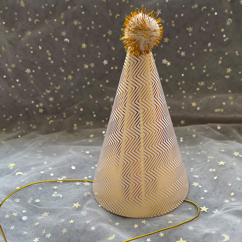 17cm Birthday Hat Printing Holiday Party Pointed Corner Paper Birthday Hat Fur Ball Tricorne Decoration Supplies