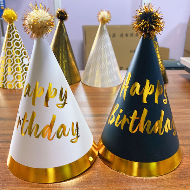 17cm Birthday Hat Printing Holiday Party Pointed Corner Paper Birthday Hat Fur Ball Tricorne Decoration Supplies