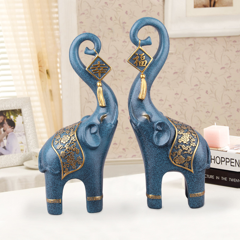 Resin Crafts Creative Wood Grain Happy Couple Elephant Decoration Living Room TV Cabinet Home Decoration Wedding Gift