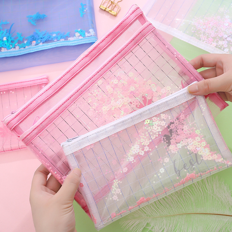 Yilan Korean Style A5 Mesh File Bag Zipper Information Bag File Paper Multi-Layer Storage B6 Quicksand Zipper Bag