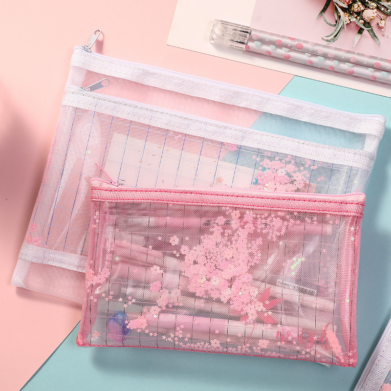 Yilan Korean Style A5 Mesh File Bag Zipper Information Bag File Paper Multi-Layer Storage B6 Quicksand Zipper Bag