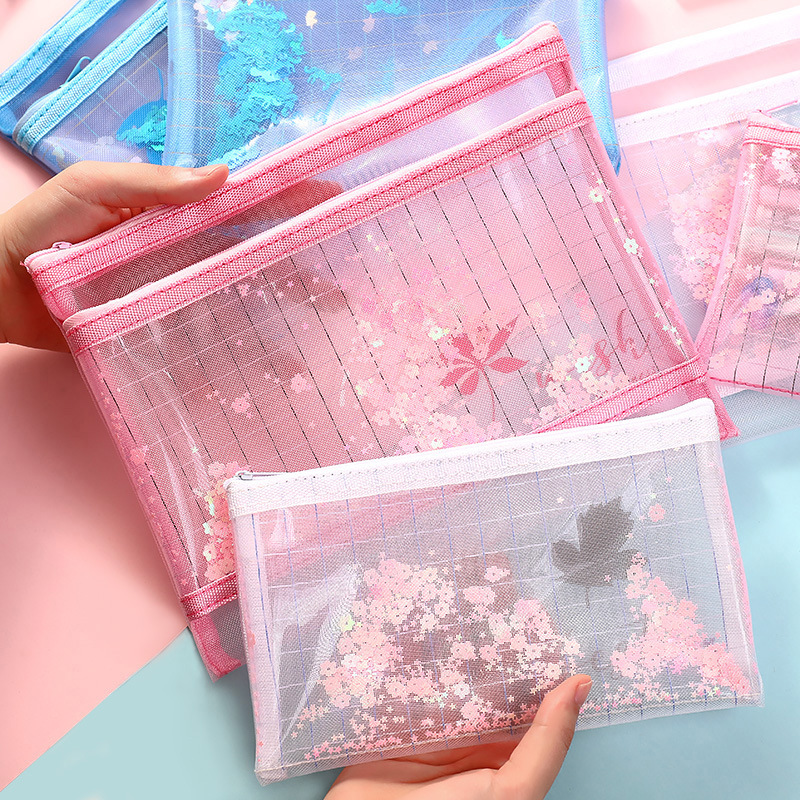 Yilan Korean Style A5 Mesh File Bag Zipper Information Bag File Paper Multi-Layer Storage B6 Quicksand Zipper Bag