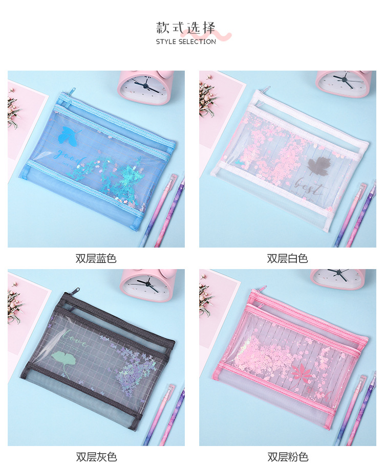 Yilan Korean Style A5 Mesh File Bag Zipper Information Bag File Paper Multi-Layer Storage B6 Quicksand Zipper Bag