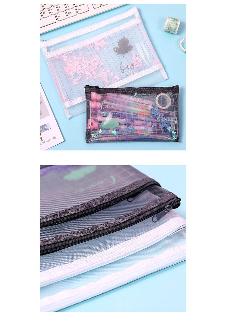 Yilan Korean Style A5 Mesh File Bag Zipper Information Bag File Paper Multi-Layer Storage B6 Quicksand Zipper Bag