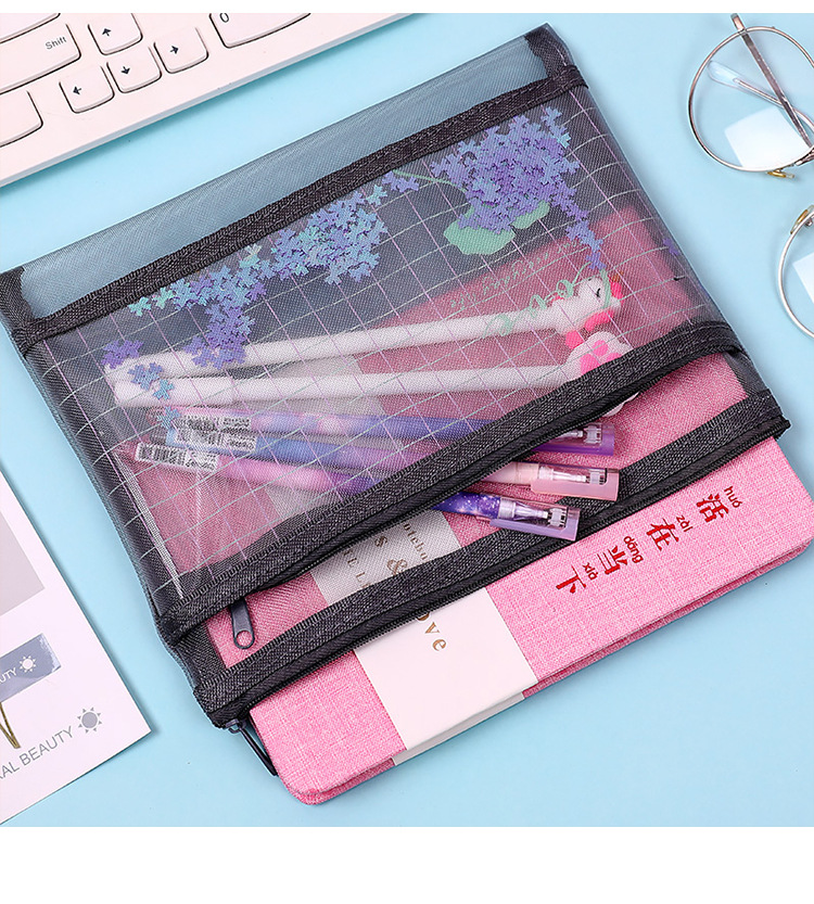 Yilan Korean Style A5 Mesh File Bag Zipper Information Bag File Paper Multi-Layer Storage B6 Quicksand Zipper Bag
