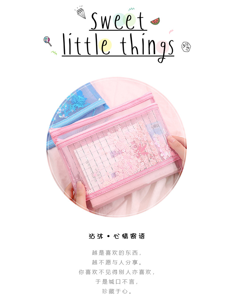 Yilan Korean Style A5 Mesh File Bag Zipper Information Bag File Paper Multi-Layer Storage B6 Quicksand Zipper Bag