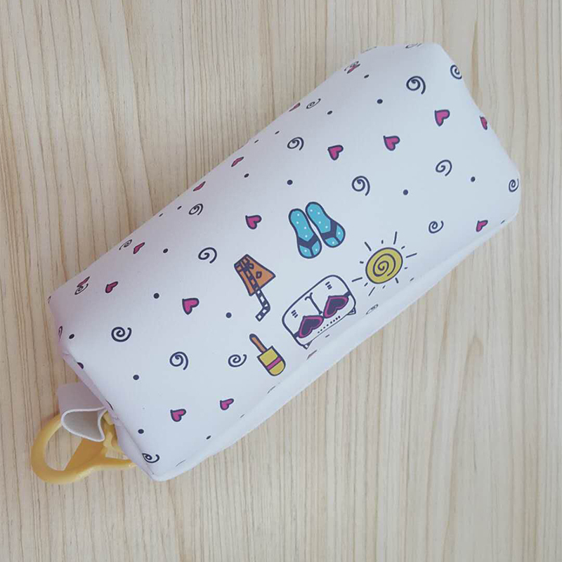 Large zipper pen bag with small fresh pure white animal pattern made of leather