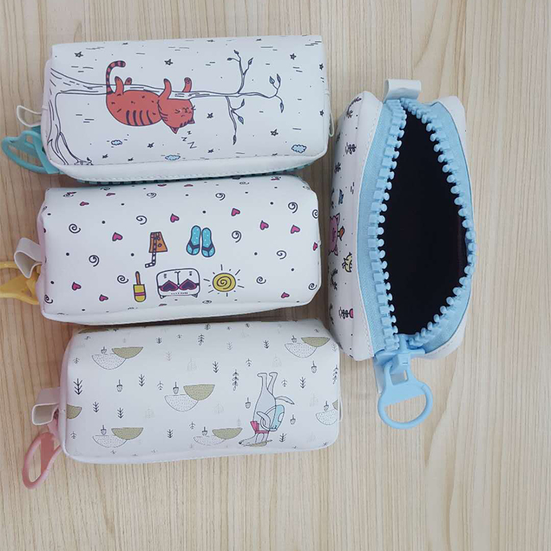 Large zipper pen bag with small fresh pure white animal pattern made of leather