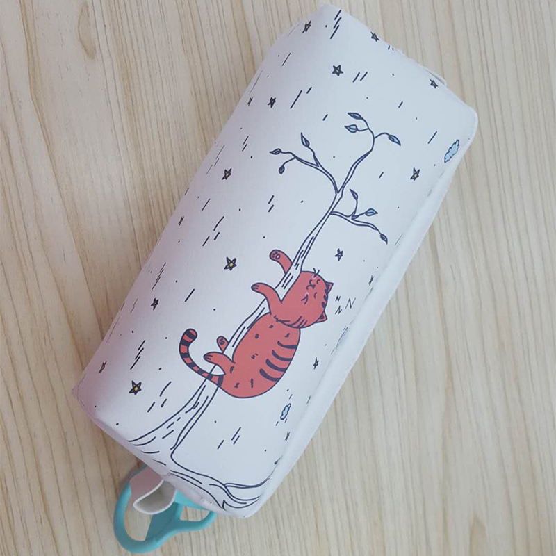 Large zipper pen bag with small fresh pure white animal pattern made of leather