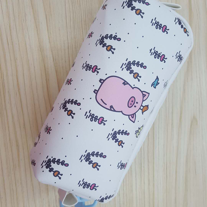 Large zipper pen bag with small fresh pure white animal pattern made of leather