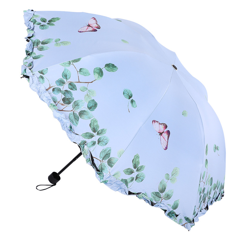 High quality UV protection sunshade 8 bone Reinforced Triple folding light folding umbrella butterfly lacing vinyl umbrella