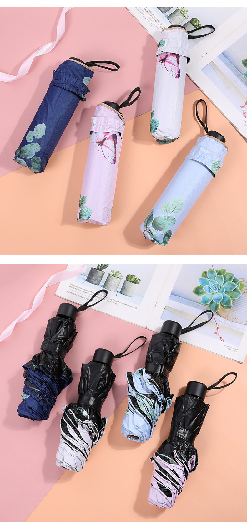 High quality UV protection sunshade 8 bone Reinforced Triple folding light folding umbrella butterfly lacing vinyl umbrella